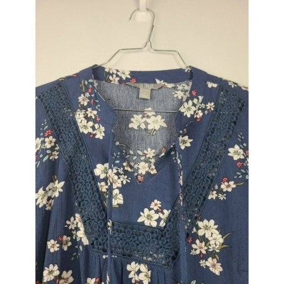 Falls Creek Womens BOHO Peasant Blouse Top Large Blue Floral Crochet Long Sleeve - Picture 4 of 9